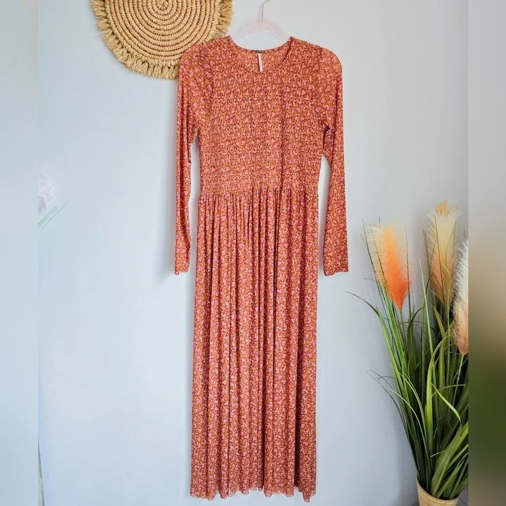 Free People Hello and Goodbye Orange Floral Mesh Smocked Midi Dress SZ Small